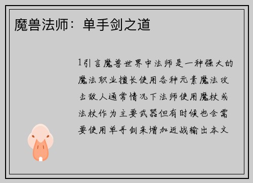 魔兽法师：单手剑之道